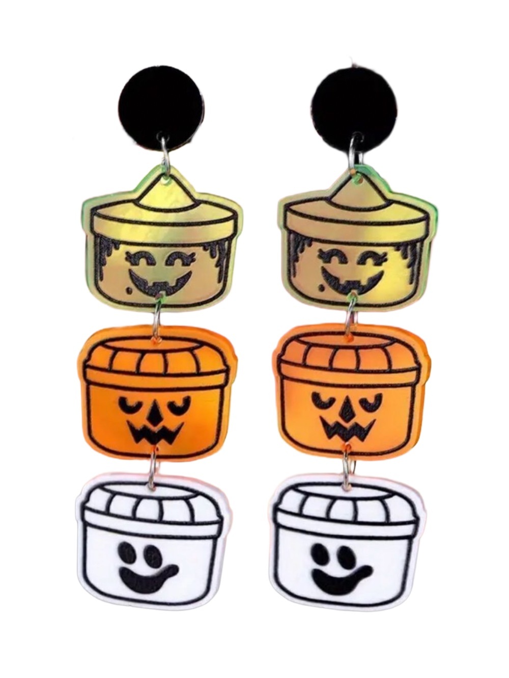 Trick or Treat Bucket Acrylic Dangle Earrings 80s Retro Halloween Witch Pumpkin